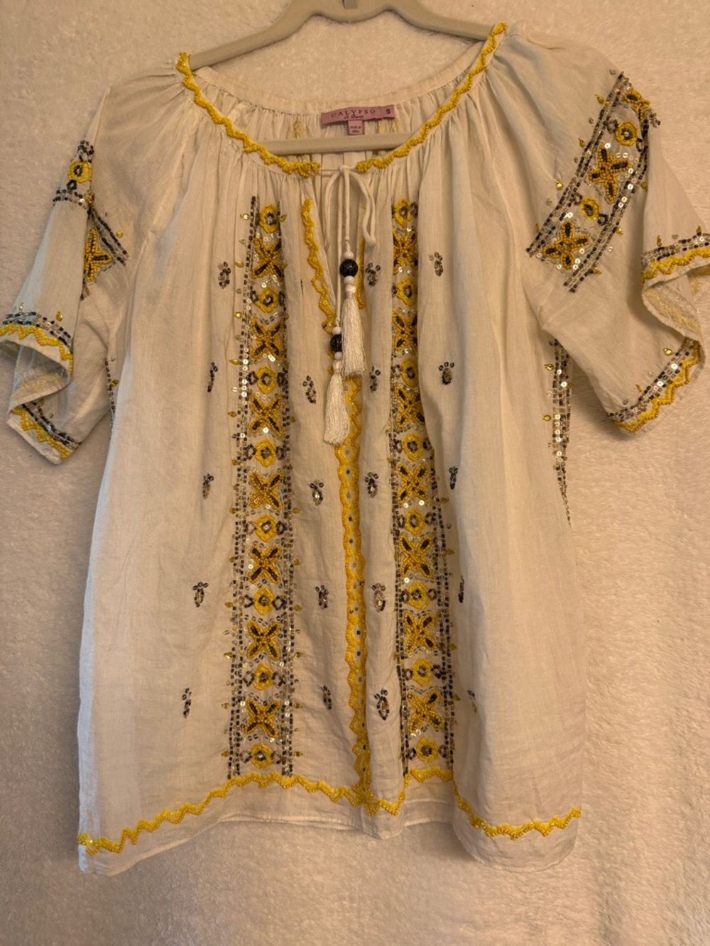 Calypso St. Barth White Peasant Blouse with Yellow, Brown and Sparkling Beads